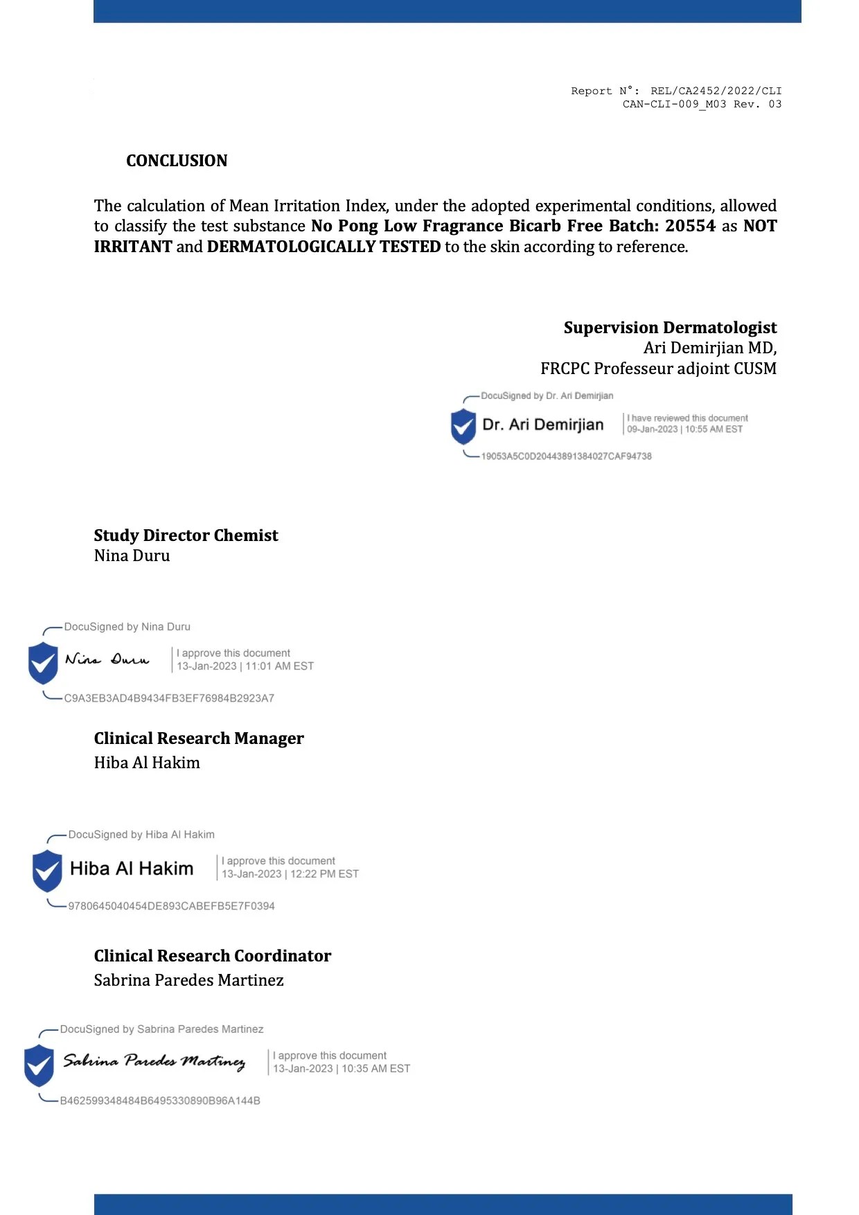 Certificate image: No Pong Bicarb Free HRIPT Test Results